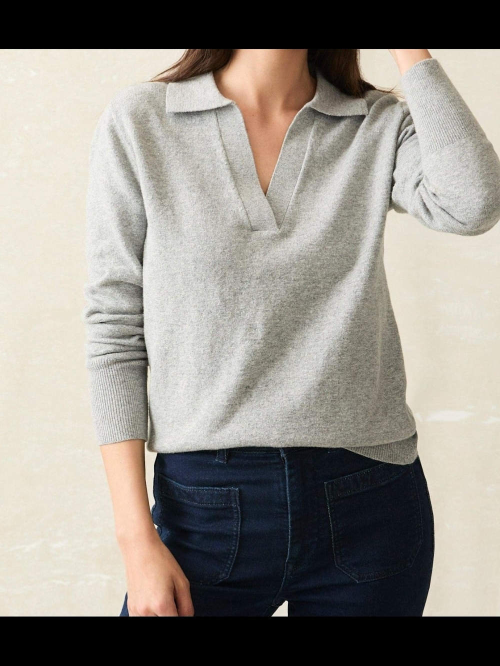 Faherty Light Gray Collared V‑Neck Sweater